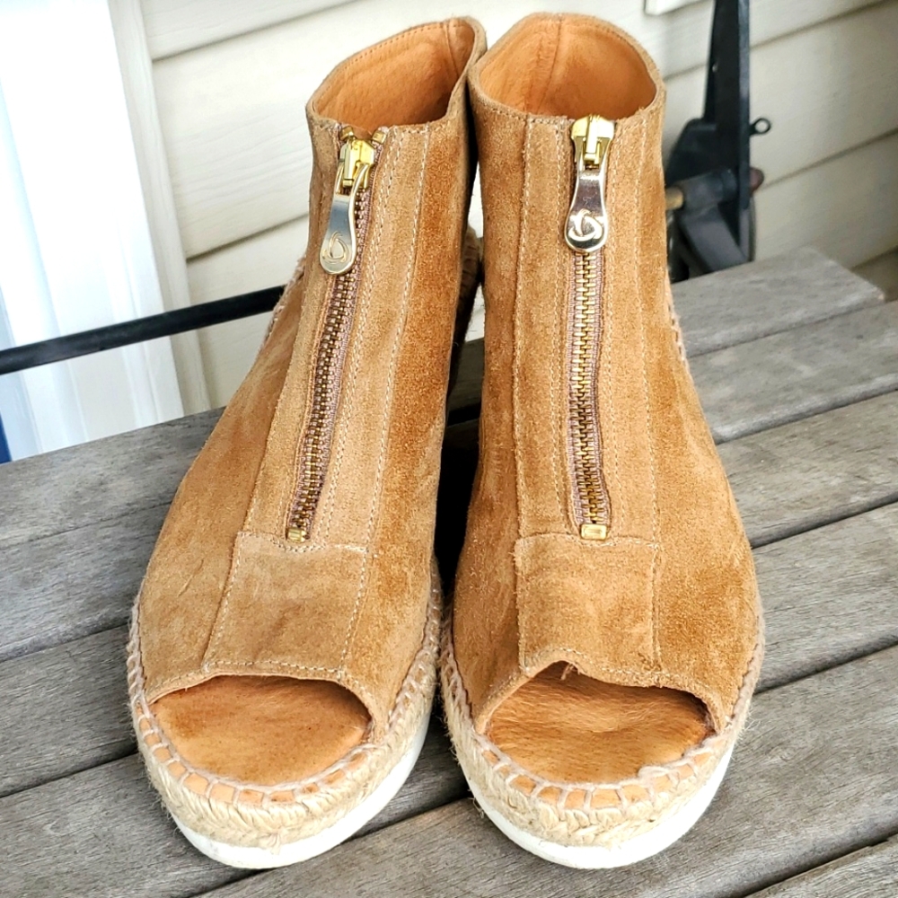 Kanna Women's Brown Suede Zipper Peep Toe Espadrille Wedge Sandals - Size 9 (40)